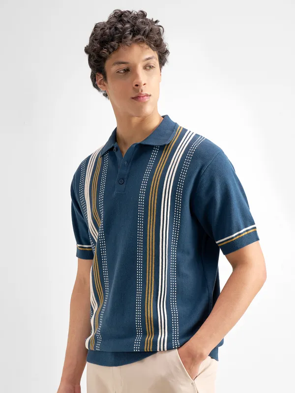 Highlander Men Navy Blue Striped Polo Collar T-Shirt