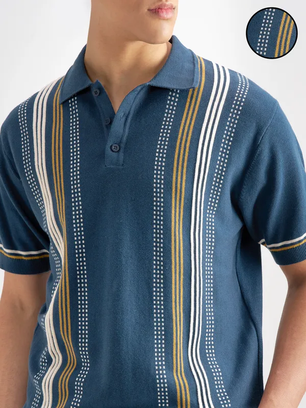 Highlander Men Navy Blue Striped Polo Collar T-Shirt