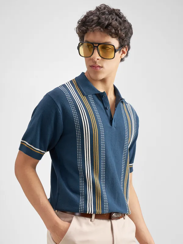 Highlander Men Navy Blue Striped Polo Collar T-Shirt