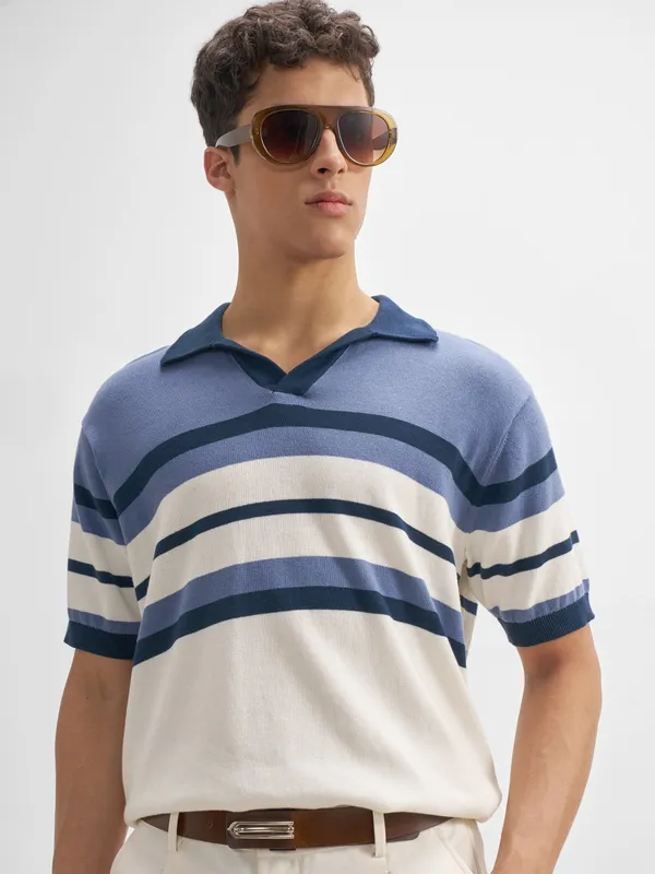 Highlander Men Blue Striped Polo Collar T-Shirt