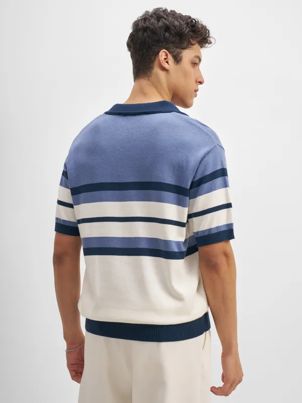 Highlander Men Blue Striped Polo Collar T-Shirt