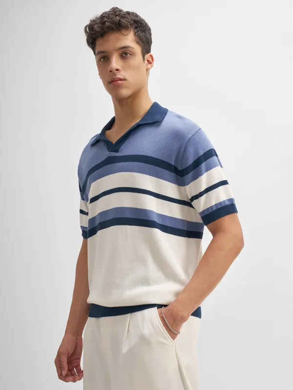 Highlander Men Blue Striped Polo Collar T-Shirt