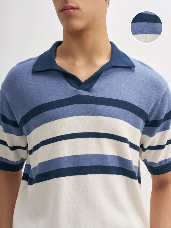 Highlander Men Blue Striped Polo Collar T-Shirt