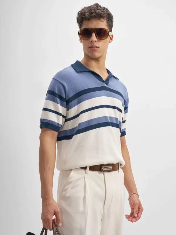 Highlander Men Blue Striped Polo Collar T-Shirt