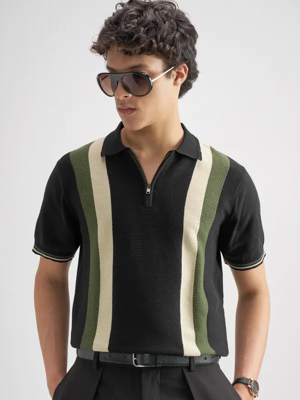 Highlander Men Black Self Design Polo Collar T-Shirt