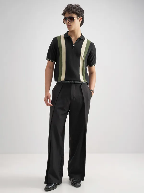 Highlander Men Black Self Design Polo Collar T-Shirt