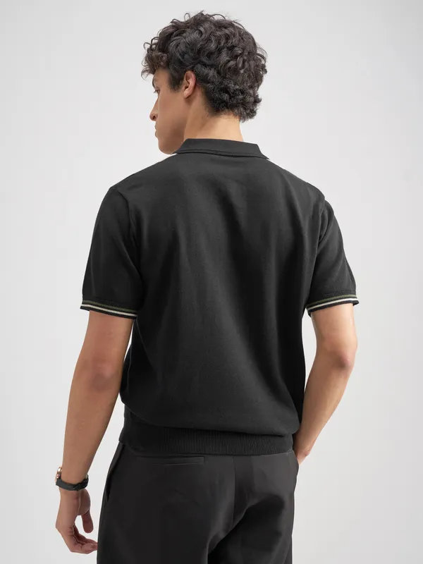 Highlander Men Black Self Design Polo Collar T-Shirt