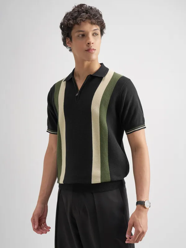 Highlander Men Black Self Design Polo Collar T-Shirt