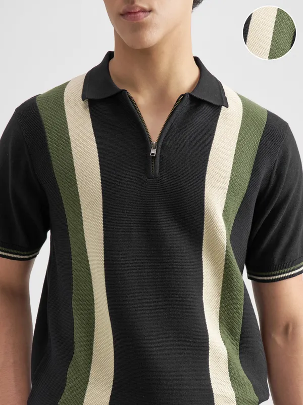 Highlander Men Black Self Design Polo Collar T-Shirt