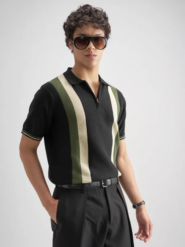 Highlander Men Black Self Design Polo Collar T-Shirt