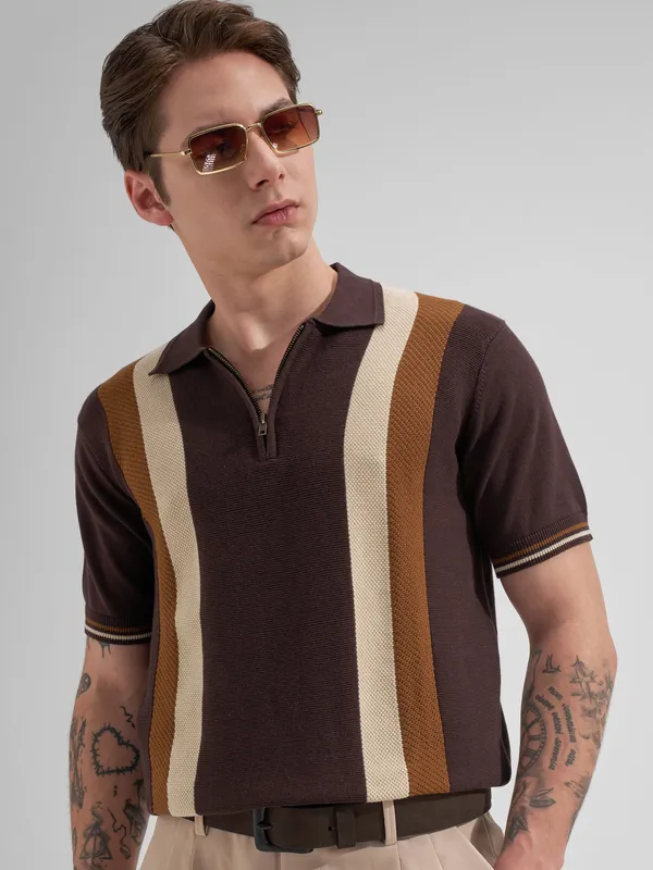 Highlander Men Coffee Brown Colourblocked Polo Collar T-Shirt