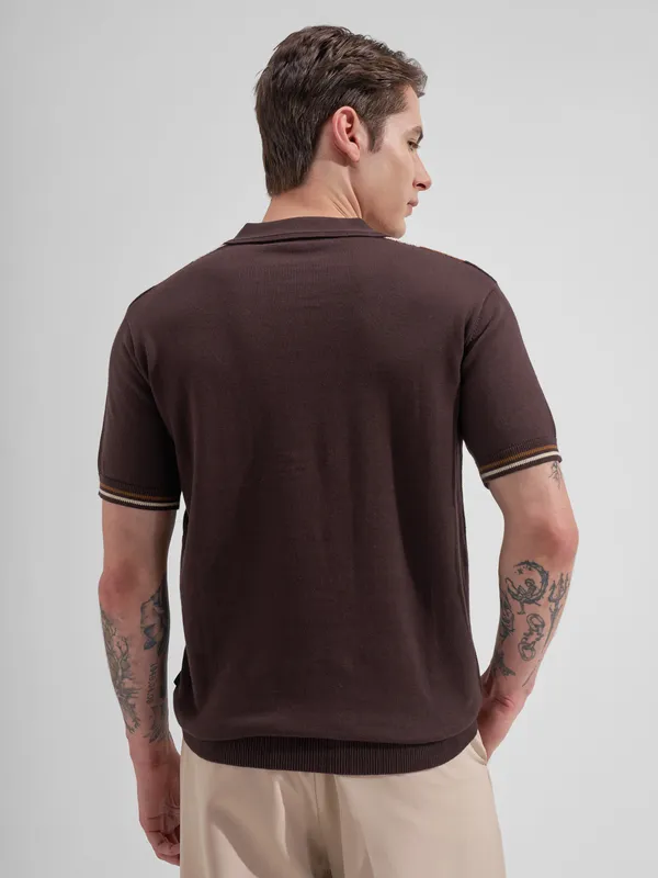 Highlander Men Coffee Brown Colourblocked Polo Collar T-Shirt
