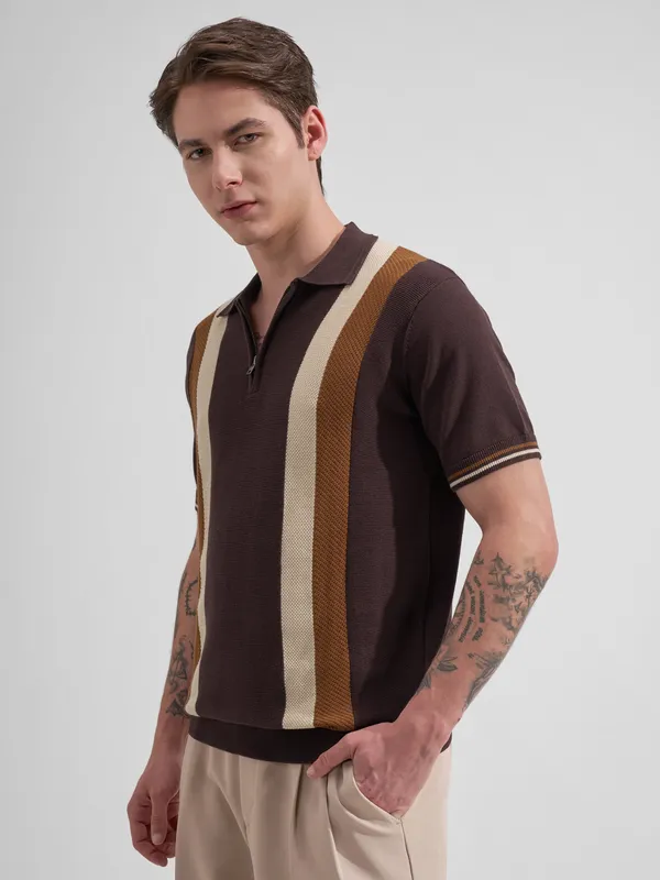 Highlander Men Coffee Brown Colourblocked Polo Collar T-Shirt
