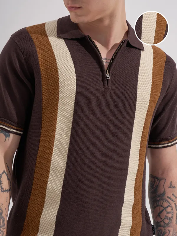 Highlander Men Coffee Brown Colourblocked Polo Collar T-Shirt