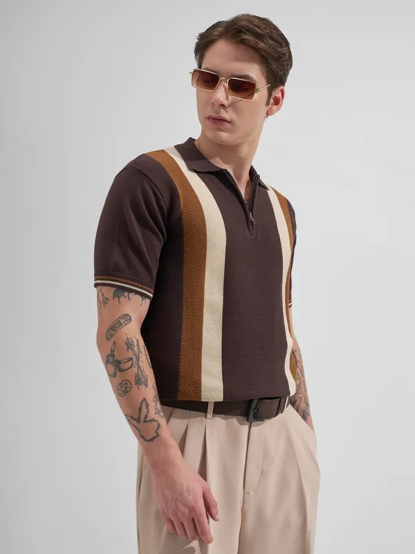 Highlander Men Coffee Brown Colourblocked Polo Collar T-Shirt
