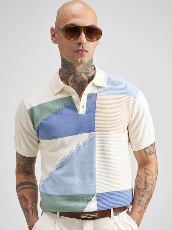 Highlander Men Multi Self Design Polo Collar T-Shirt