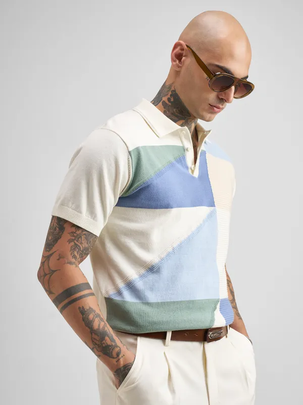 Highlander Men Multi Self Design Polo Collar T-Shirt