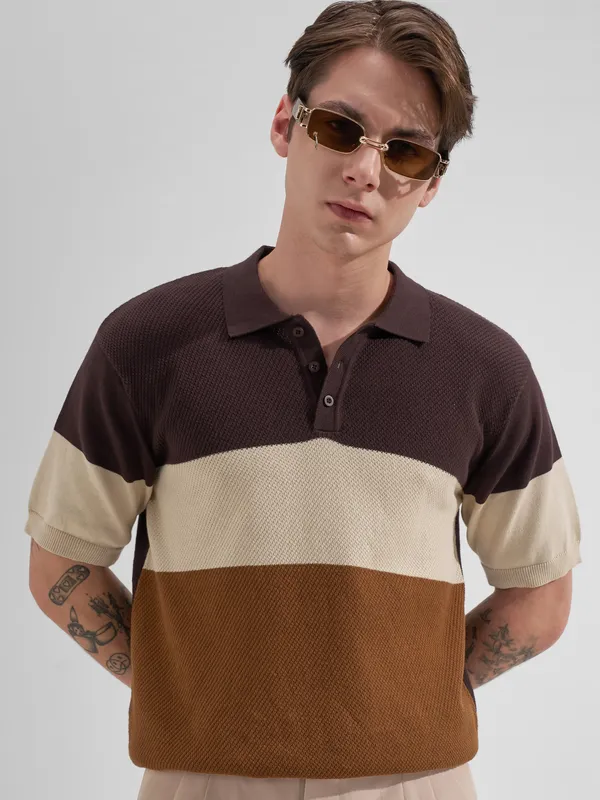 Highlander Men Brown Colourblocked Polo Collar T-Shirt