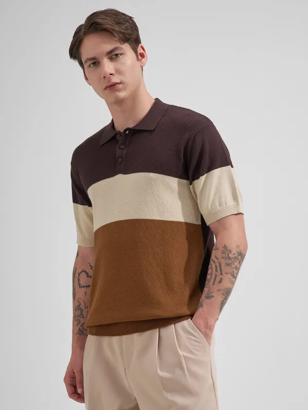 Highlander Men Brown Colourblocked Polo Collar T-Shirt