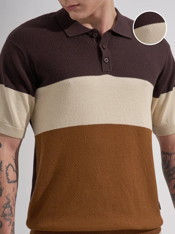 Highlander Men Brown Colourblocked Polo Collar T-Shirt