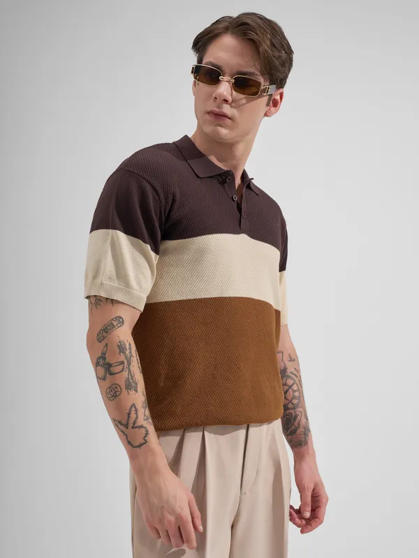 Highlander Men Brown Colourblocked Polo Collar T-Shirt