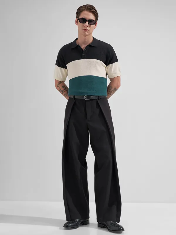 Highlander Men Black Colourblocked Polo Collar T-Shirt