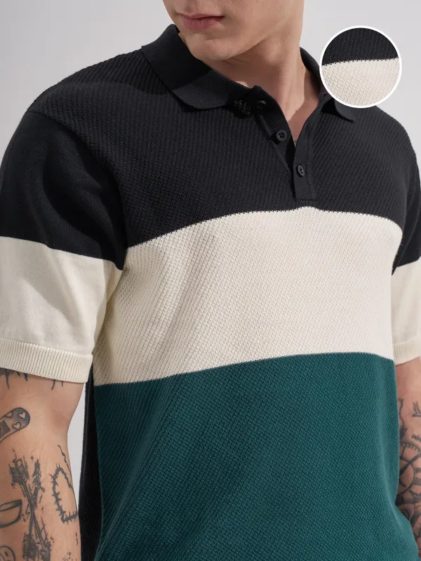 Highlander Men Black Colourblocked Polo Collar T-Shirt