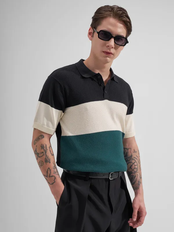 Highlander Men Black Colourblocked Polo Collar T-Shirt