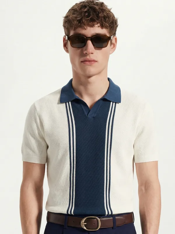 Highlander Men Off White Self Design Polo Collar T-Shirt