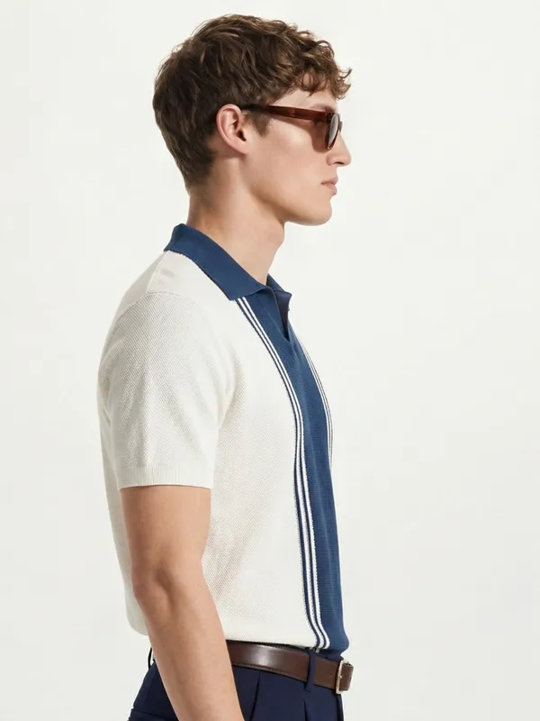 Highlander Men Off White Self Design Polo Collar T-Shirt