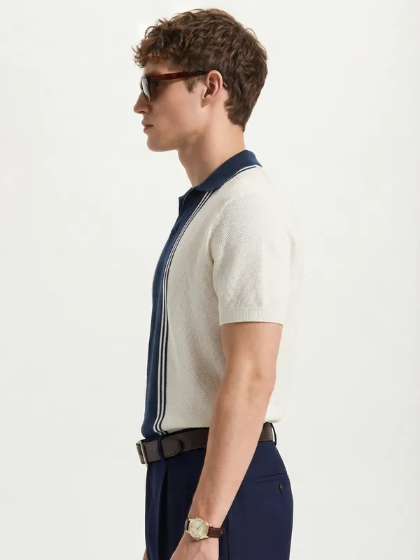 Highlander Men Off White Self Design Polo Collar T-Shirt