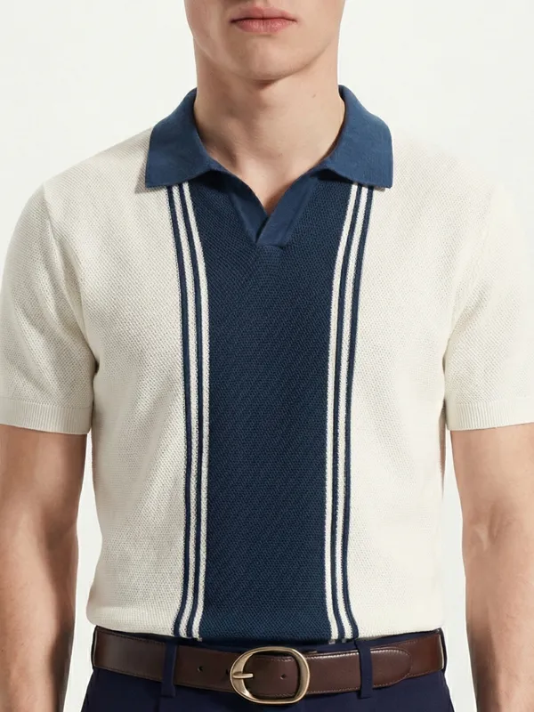 Highlander Men Off White Self Design Polo Collar T-Shirt