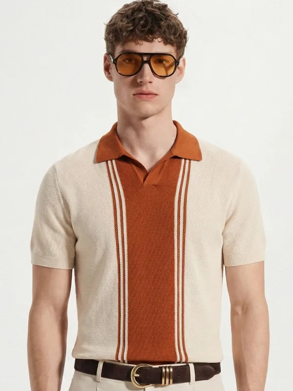 Highlander Men Cream Self Design Polo Collar T-Shirt