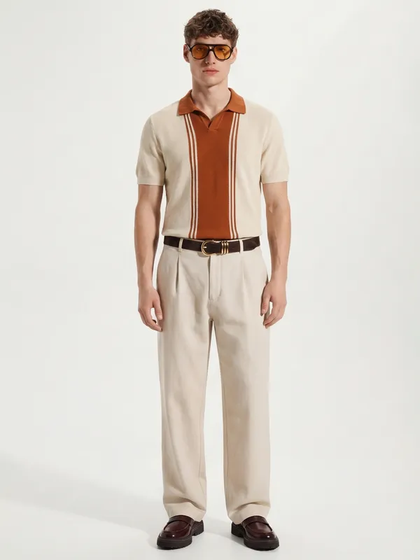 Highlander Men Cream Self Design Polo Collar T-Shirt