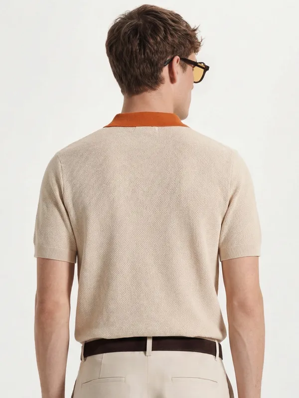 Highlander Men Cream Self Design Polo Collar T-Shirt