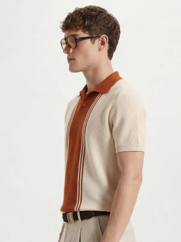 Highlander Men Cream Self Design Polo Collar T-Shirt