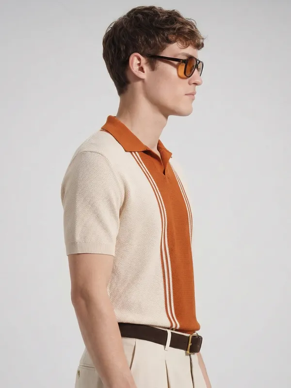 Highlander Men Cream Self Design Polo Collar T-Shirt