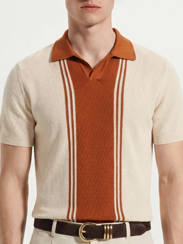 Highlander Men Cream Self Design Polo Collar T-Shirt