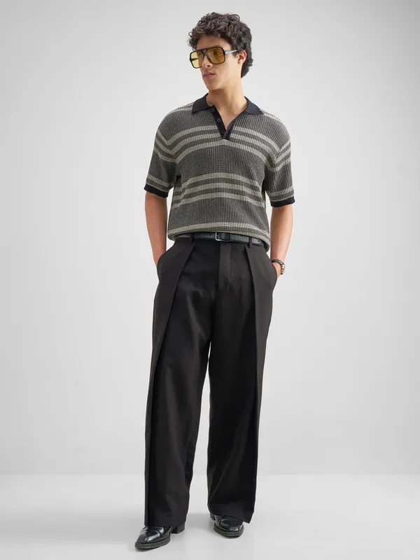 Highlander Men Black Self Design Polo Collar T-Shirt