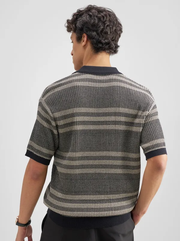 Highlander Men Black Self Design Polo Collar T-Shirt