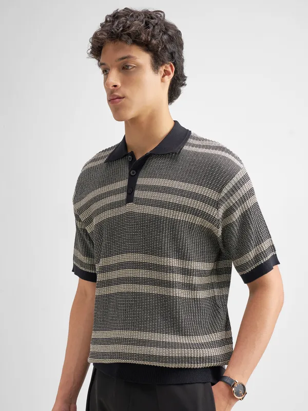 Highlander Men Black Self Design Polo Collar T-Shirt