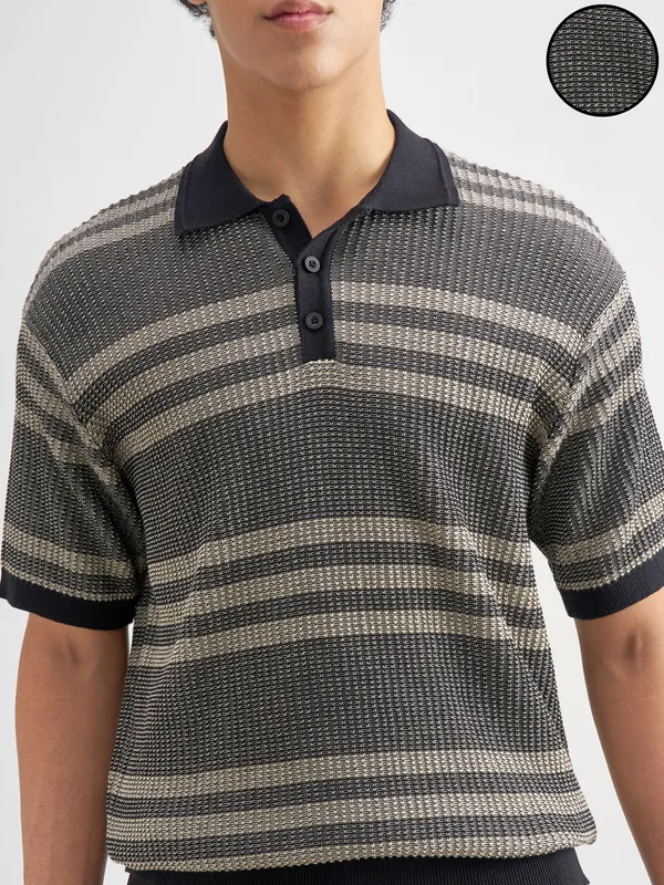 Highlander Men Black Self Design Polo Collar T-Shirt