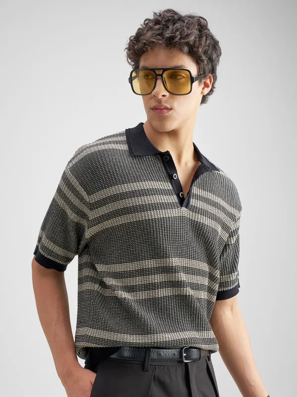 Highlander Men Black Self Design Polo Collar T-Shirt