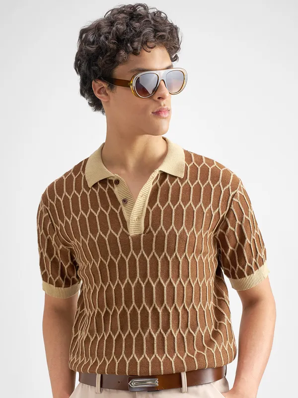 Highlander Men Brown Self Design Polo Collar T-Shirt