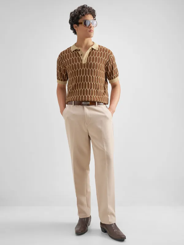 Highlander Men Brown Self Design Polo Collar T-Shirt