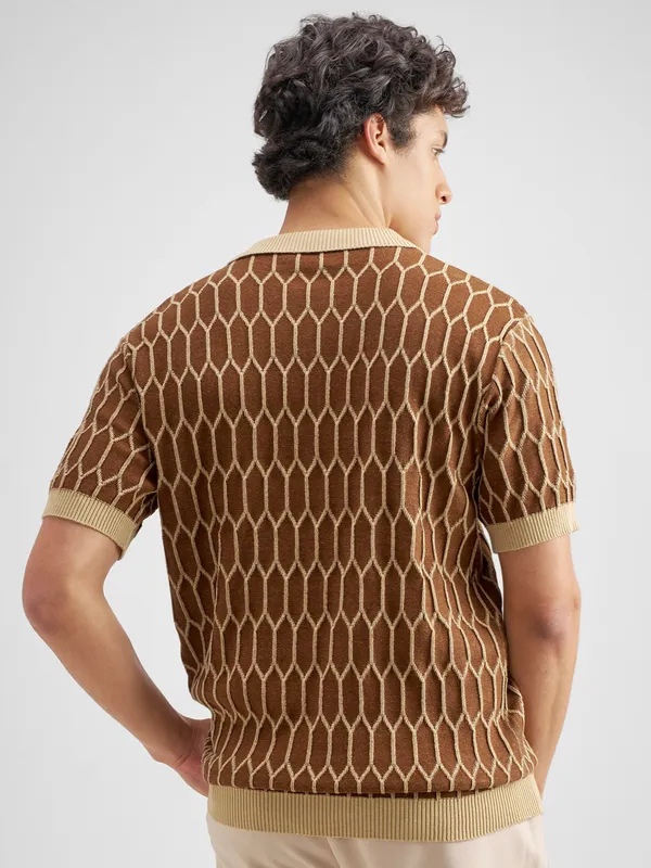 Highlander Men Brown Self Design Polo Collar T-Shirt