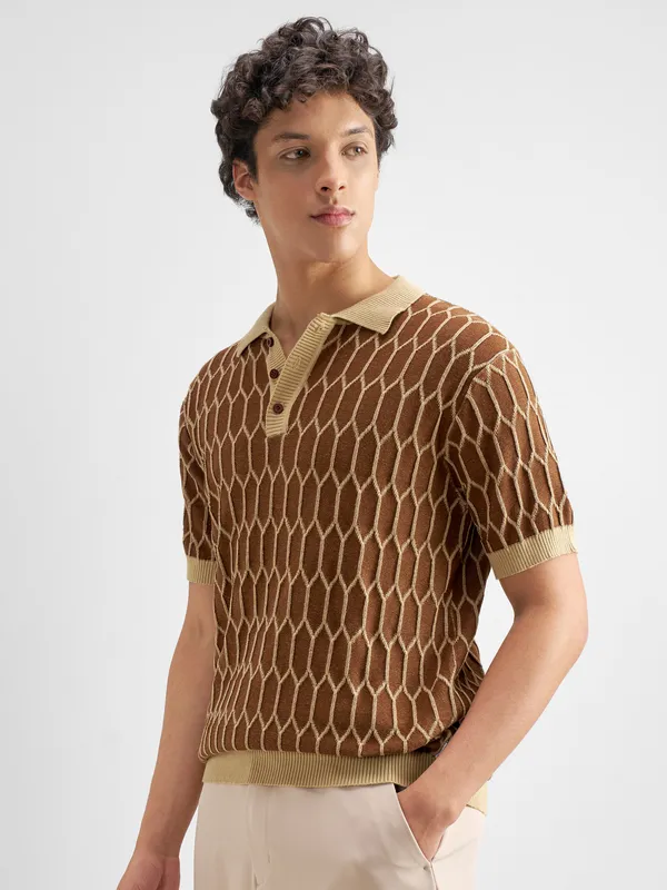 Highlander Men Brown Self Design Polo Collar T-Shirt