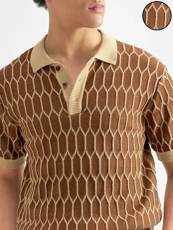 Highlander Men Brown Self Design Polo Collar T-Shirt