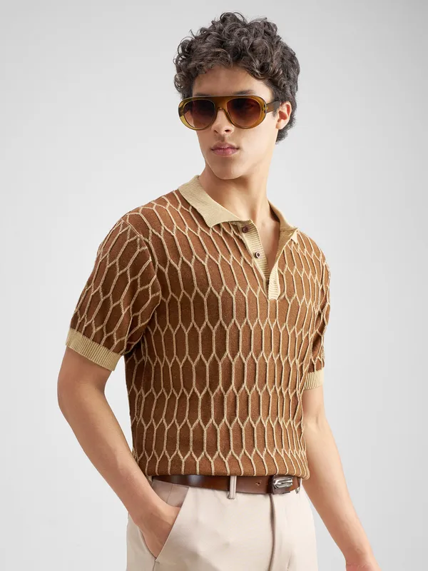 Highlander Men Brown Self Design Polo Collar T-Shirt