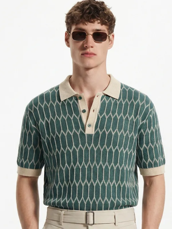 Highlander Men Teal Self Design Polo Collar T-Shirt